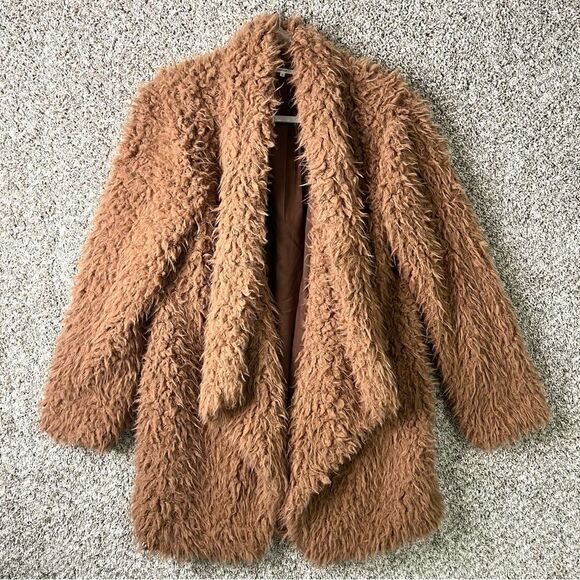 Tularosa Jacket Women’s Medium Beige Brown Open Waterfall Front Shag Teddy Coat - Picture 2 of 6